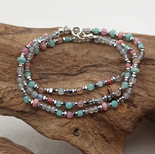 Przejdź do produktu Naszyjnik Calmness, czoker, krótki, kamienie naturalne, labradoryt, rodonit, amazonit, kwarc różowy, turmalin, srebrny hematyt