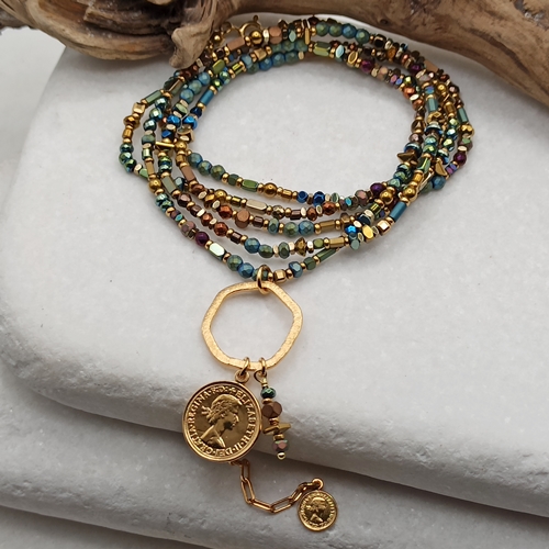 Przejdź do produktu Naszyjnik Earth Harmony vol.II, długi, w stylu boho, złocone zawieszki, monety, kamienie naturalne, hematyt