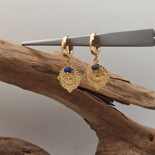 Przejdź do produktu Kolczyki Evil Eye wiszące złocone z talizmanem Oko Proroka, lapis lazuli