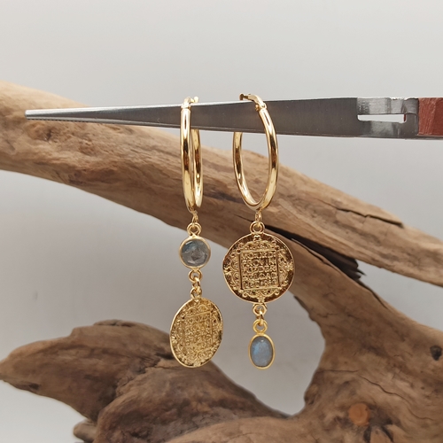 Przejdź do produktu Kolczyki wiszące złocone Royal Coins vol.III, asymetryczne, koła,  monety, zawieszki, labradoryt